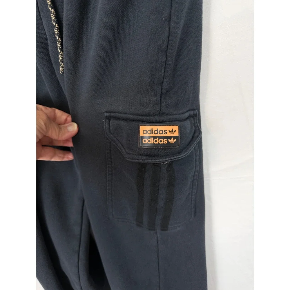 Adidas Men 100% Cotton Cargo Joggers Large Black Trefoil Sweatpants